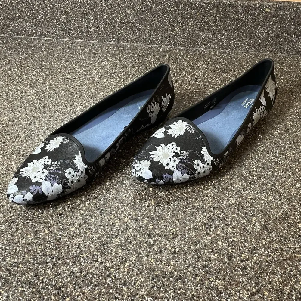 Crocs Iconic Comfort Casual Shoes Black Floral Womens Sz 10 Slip On Flats Loafer